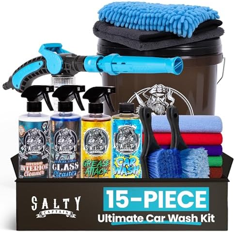 Salty Captain Ultimate 15-Piece Car Cleaning Kit \u2013 Car Wash Kit with 15L Bucket, Hand Mitt Towels, Brushes &amp; 4x Cleaning Fluids \u2013 2-in-1 Foam &amp; Flush Gun compatible with Garden Hose 