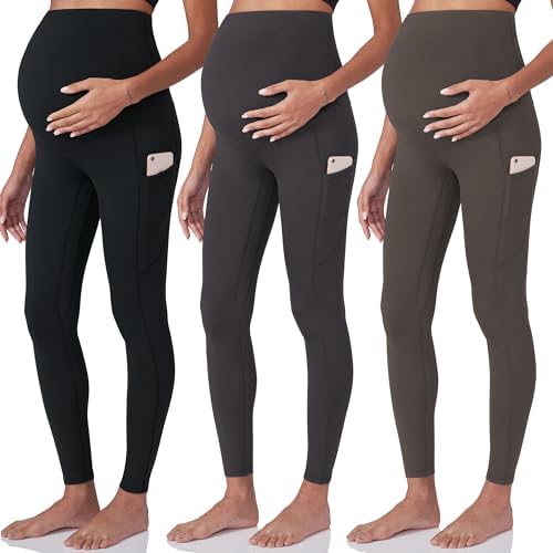 POSHDIVAH 3 Pack Women's Maternity Workout Leggings Over The Belly Pregnancy Yoga Pants with Pockets