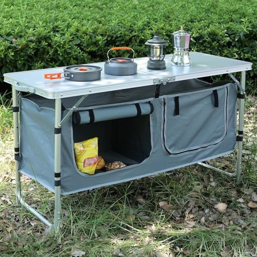 JOUYEK Camping Table, Folding Camping Table with Storage, Portable Kitchen Table, Lightweight, 3 Heights Adjustable Camping Furniture for BBQ, Picnic, Camping, Hiking, Beach, and Indoor