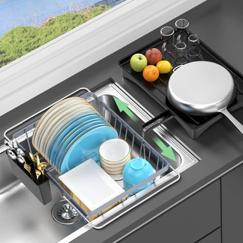 LEMIKKLE Dish Drying Rack- Space-Saving Dish Rack,Expandable Dish Drainers for Kitchen Counter with a Cutlery Holder, Over The Sink Dish Racks Fit for 14\u2019\u2019-19\u2019\u2019 Kitchen Sink Grey