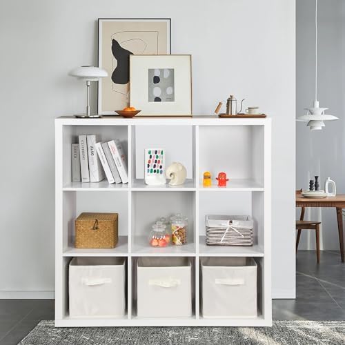 PACHIRA US 9 Cube Storage Shelf Organizer - Open Bookshelf Floor Standing Wooden Display Shelf with Backplane, 13 x 13 x 15 Inch Cube Storage, White Finish
