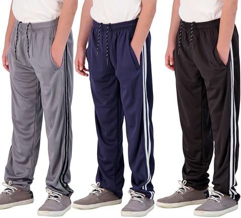 Real Essentials 3 Pack: Boys' Mesh Open Bottom Active Sweatpants with Pockets &amp; Drawstring