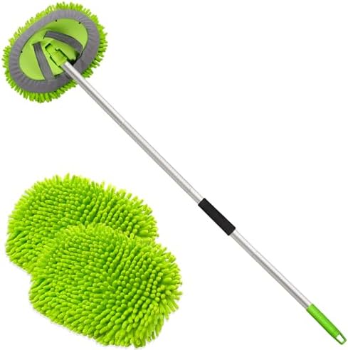 anngrowy 62" Microfiber Car Wash Brush Mop Kit Mitt Sponge with Long Handle Car Cleaning Supplies Kit Duster Washing Car Tools Accessories, 1 Chenille Scratch-Free Replacement Head Aluminum Alloy 