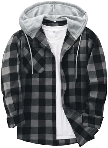 Men's Flannel Shirt Plaid Hoodie Stylish Long Sleeve Fall Casual Button Down Shirts with Flat Pocket