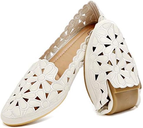 HEAWISH Women's Floral Ballet Flats for Women Black Beige Slip On Flowers PU Leather Round Toe Dress Shoes