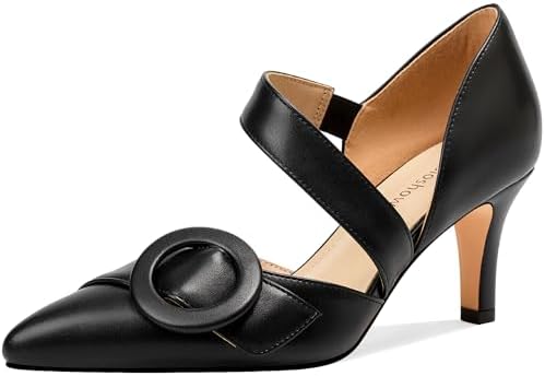 Manoloshow Women's Pointed Toe D'Orsay Pumps with Fashion Round Buckle, Closed Toe 3" Stiletto High Heels with Comfy S Elastic Strap for Dress Work Office Shoes