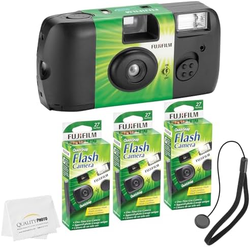 Fujifilm QuickSnap Flash 400 Disposable 35mm Camera + Hand Strap + Quality Photo Microfiber Cloth (3 Pack)