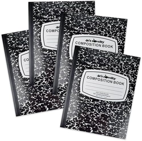 4E's Novelty College Ruled Composition Notebooks 4 Pack - Hard Cover 100 Sheets 9.75" x 7.5" for Notetaking, Black Marble Bulk Compositon Book, Back to School Supplies For Students Boys Gi