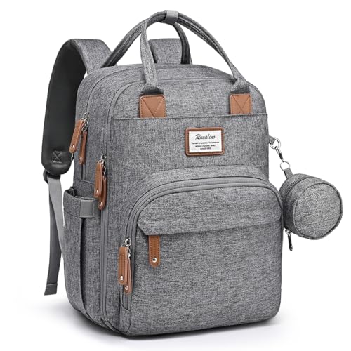 RUVALINO Diaper Bag Backpack-Multifunction Travel Baby Diaper Bag with Changing Pad, Insulated Bottle Holders &amp; Pacifier Case, Large Capacity, Waterproof, Gray