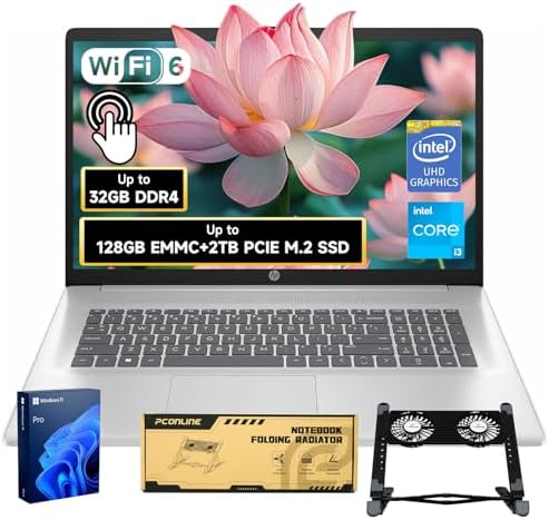 HP 17.3" Touchscreen Laptop, Intel Core i3-N305, 32GB RAM, 128GB eMMC + 1TB SSD, Numeric Keypad, Webcam, HDMI, Wi-Fi 6, Windows 11 Pro, Silver, Bundle with PCO Notebook Fold Radiator, Cooler