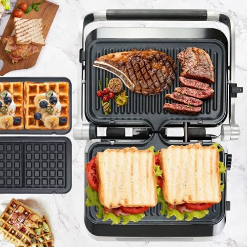 Panini Waffle Maker Combo  Panini Grill Press Sandwich Maker, Smokeless Indoor Grill, 1600W, 180° Open, Removable Plates, Stainless Steel, Ideal Kitchen Gift for Steak, Hamburger, Waffle