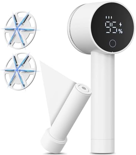 Lentorgi Fabric Shaver Electric Fuzz Remover, 2 in 1 Rechargeable Sweater Shaver with Lint Roller, Magnetic Cap, Digital Display, 2 Extra Blades, Defuzzer for Clothing Furniture Couch - White
