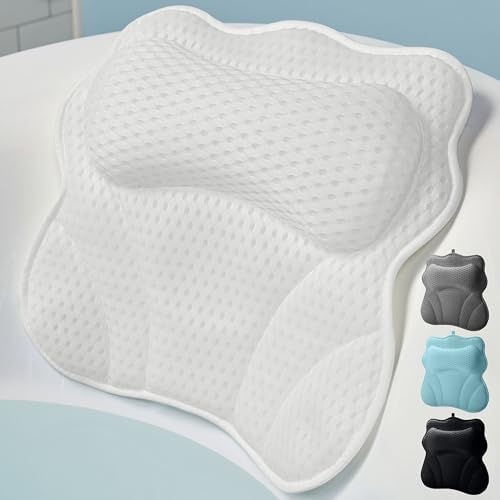 WONDERfoam Thick Padded Ergonomic Bath Pillow for Tub, Bathtub Headrest Neck and Back Support, Strong Suction Cups, Machine Washable Breathable Mesh Quick Dry Pillows, Luxury Spa Accessories, White