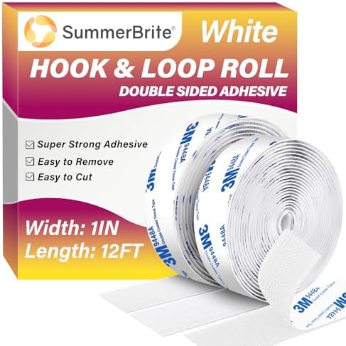 12Ft x 1 Inch Hook and Loop Tape, Heavy Duty Double-Sided Adhesive Strips, Strong Sticky Back Fastener, Cuttable Interlocking Tape Fasteners for Home, Office, Car, School &amp; DIY Crafts (White)