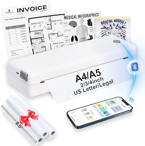 Portable Thermal-Printer Wireless for Travel - Inkless Bluetooth Small Printer W\/3 Rolls Paper for Smart Phone &amp; Computer, Support 8.5" X 11", US Letter &amp;Legal, A4&amp;A5, Tattoo Sten