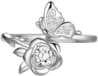 JJewmon Butterfly Rose Birthstone Ring for Women 925 Sterling Silver Butterfly Birth Stone Ring Birhstone Rose Ring Flower Elegant Promise Band Ring Butterfly Birthstone Jewelry Gifts for Her