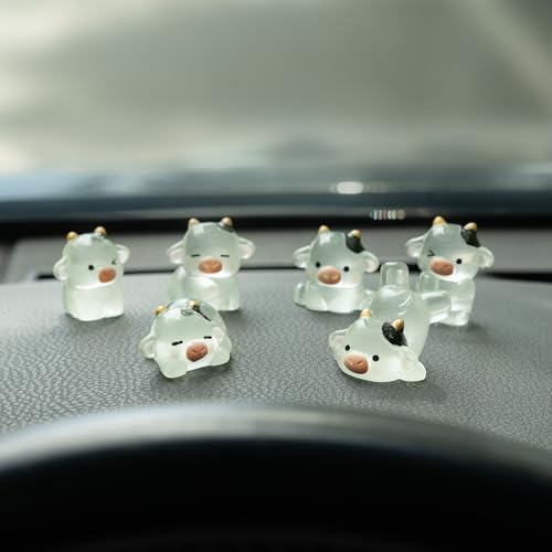 Rislobx Luminous Cow Car Dashboard Decor, 6PCS Cute Cow Dash Decorations, Rear View Mirror Ornament, Interior Accessories