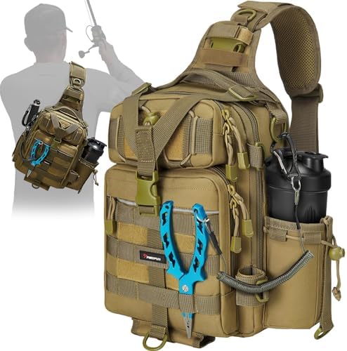 Piscifun Tackle Bag With Rod &amp; Gear Holder - Lightweight Sling Storage Bag, Outdoor Shoulder Pack for Fishing, Hiking, Hunting