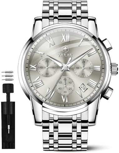 Taxau Mens Watches Luxury Multifunction Waterproof Watches for Men Big Face Analog Quartz Stainless Steel Silver Men's Wrist Watches Chronograph with Date Luminous