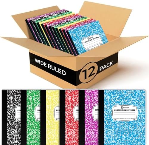 Rosmonde 12 Pack Bulk Composition Notebook Wide Ruled, 200 Pages (100 Sheets), 9-3\/4 x 7-1\/2", Hard Cover Wide Ruled Notebook Bulk, Assorted Colors Composition Notebook For School, Colors May Re