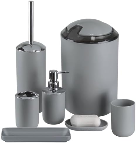 IMAVO Bathroom Accessories Set,Grey Bathroom Set,7 Pieces Bathroom Accessory Set,Tray,Toilet Brush,Trash Can for Bathroom Décor and Housewarming Gifts