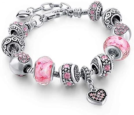 Capital Charms Pink Heart Silver Plated Pendant Bracelet Set, Jewelry Gift with Beads, Pendant and Adjustable Snake Chain, Fits 9 \