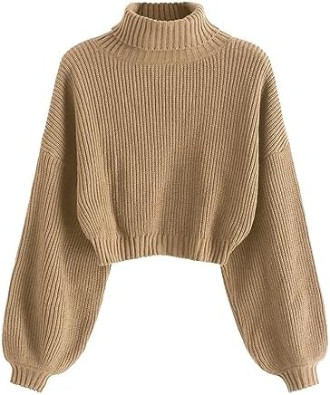 ZAFUL Women's Cropped Turtleneck Sweater Lantern Sleeve Ribbed Knit Pullover Sweater Jumper