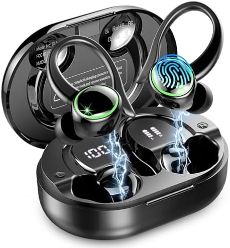 Wireless Earbuds, Bluetooth 5.4 Headphones Sports, 50H Playback Over-Ear buds with ENC Noise Cancelling Mic, Deep Bass Fitness Earphones with Earhooks, IP7 Waterproof Headset for Gym Running Workout