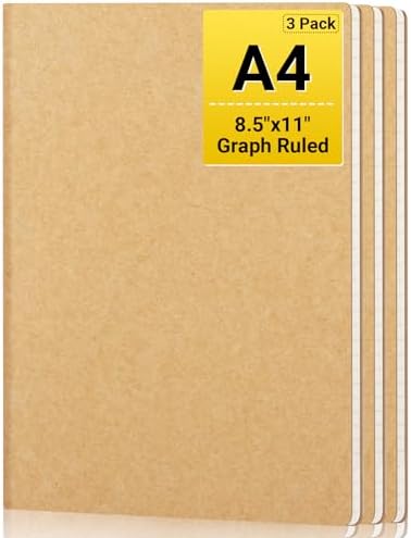 EUSOAR Graph Journal, 3 Packs Large A4 8.5" x 11" 40 Sheets\/ 80 Pages, 100gsm Thick Paper Kraft Sketchbook Composition Diary Subject Notebooks Planner Journal for Office