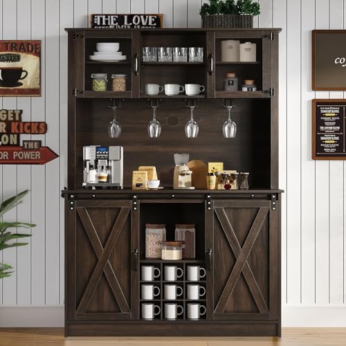 4ever2buy 72" Farmhouse Coffee Bar Cabinet with 2 Glass Doors &amp; 9 Wine Racks, Tall Hutch Cabinet with Storage, Wine Bar with 4 Row Metal Glass Holder, Dark Oak