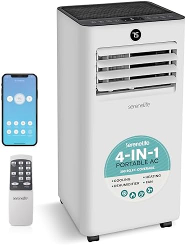 SereneLife 10,000 BTU Portable Air Conditioner and Heater, Small AC with Dehumidifier and Fan, Wifi Function, Mini AC Unit with 450 Sq. Ft. Coverage, Includes Remote Control and Window Mount Kit