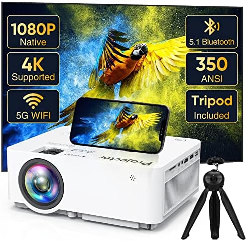 Native 1080P Projector with 5G WiFi Bluetooth and Tripod, 4K Supported Portable Home and Outdoor Movie Projector, Max 300" Display, Compatible with TV Stick, HDMI, Phone (WIFI Version)