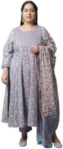 Rajnandini Women's Pure Cambric Cotton Printed Plus Size Kurta Set With Dupatta (JOPLJPR801X_Blue)