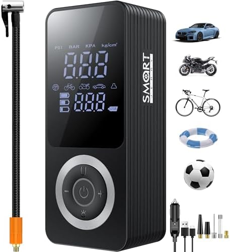 SMART JERRY - Tire Inflator Portable Air Compressor  Cordless Mini Bike Tire Pump with Gauge  Dual-Power Electric 12V Air Compressor for Auto, Motorcycles, Bikes, Balls  Fast Inflation Max 150 PSI