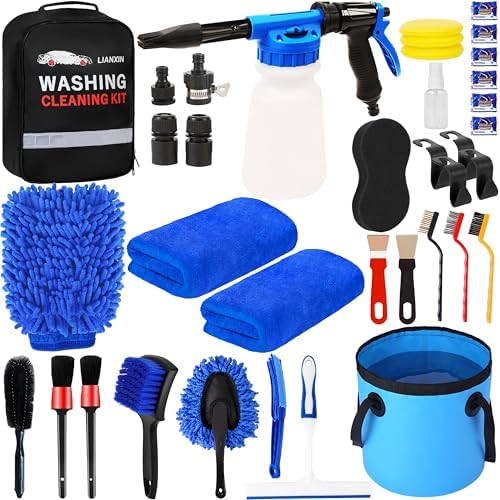 LIANXIN 37Pcs Car Wash Detailing Kit Cleaning Kits with Foam Gun Sprayer Bucket Towels Tire Brush Wash Mitt Sponge Duster Brush Car Wash Kit is Complete Car Care Tools