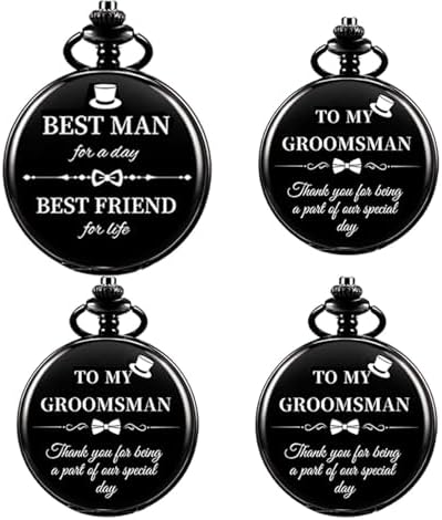 Kchss 4 Pcs Groomsman Gifts 1pcs Best Man 3Pcs Groomsmen for Wedding Engraved Quartz Pocket Watch with Chain