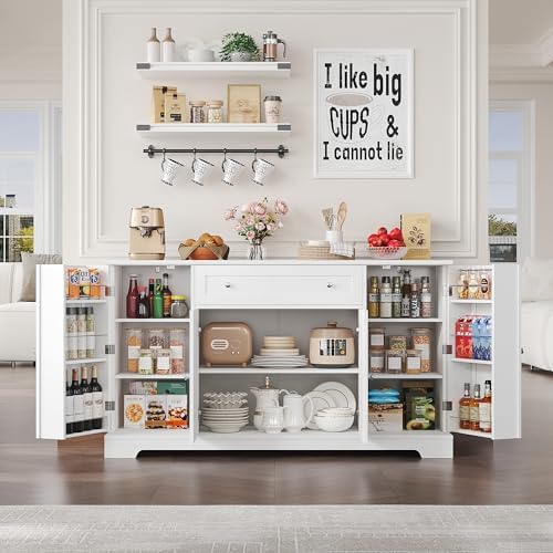 HITHOS 54" Buffet Cabinet with Storage, Modern Kitchen Buffet Sideboard with Drawer, Wood Coffee Bar Station with Adjustable Shelves, Kitchen Storage Cabinet for Living Room, White