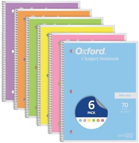 Oxford Spiral Notebook, Bulk Wide Ruled Spiral Notebooks for School, Pastel Colors, 1 Subject School Journal, 70 Wide Ruled Sheets, 8 x 10-1\/2 Inch, 6 Pack, Blue Green, Pink, Purple, Yellow (63757)