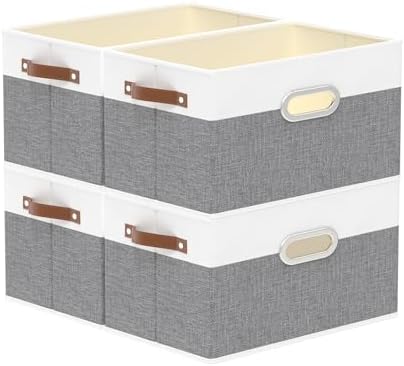 Yawinhe Fabric Storage Baskets, Foldable Closet Organizer for Shelves, Large Boxes with 3 Handles, Canvas Bins for Clothes, White\/Grey, 12.99''Lx9.05''Wx7.87''H, 4-Pack