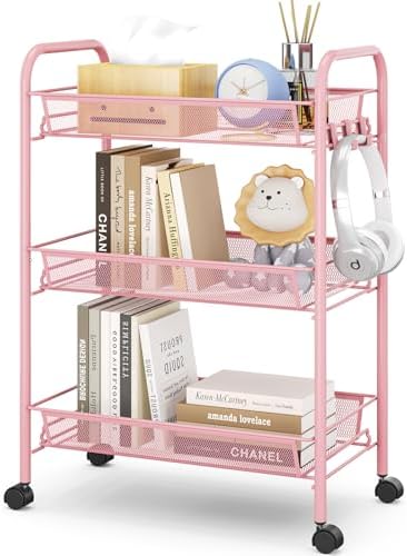 TOOLF 3 Tier Rolling Utility Cart - Durable Metal Design Pink Utility Cart, Storage Trolley on Wheels with 3 Hooks, Perfect for Kitchen, Bathroom &amp; Laundry Room Organization
