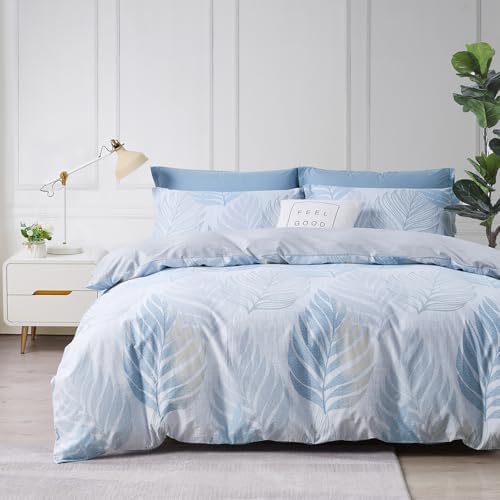 SAPHREAS Ocean Blue Duvet Cover Set King Size 3pcs Monstera Leaf Tropical Leaves Cotton Bedding Comforter Cover Set 1 Duvet Cover 2 Pillow Shams with Zipper