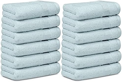 White Classic Resort Collection Soft Washcloth Face &amp; Body Towel Set  12x12 Luxury Hotel Plush &amp; Absorbent Cotton Wash Clothes [12 Pack, Light Blue]