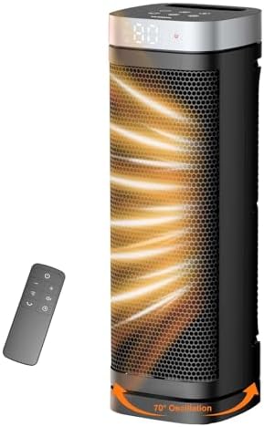 Space Heater, WINHL 17 Inches Electric Heaters for Indoor Use with Thermostat and Remote, 70°Oscillation, 12H Timer, 5 Modes, 1500W PTC Ceramic Fast Safety Heat for Office Bedroom Home