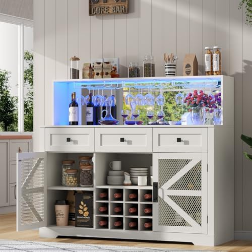 Gyfimoie Farmhouse Wine Bar Cabinet with LED Lights, Kitchen Coffee Bar Cabinet with Acrylic Mirror, Wine &amp; Glass Rack, Storage Shelves and 3 Drawers (Signle Hutch)