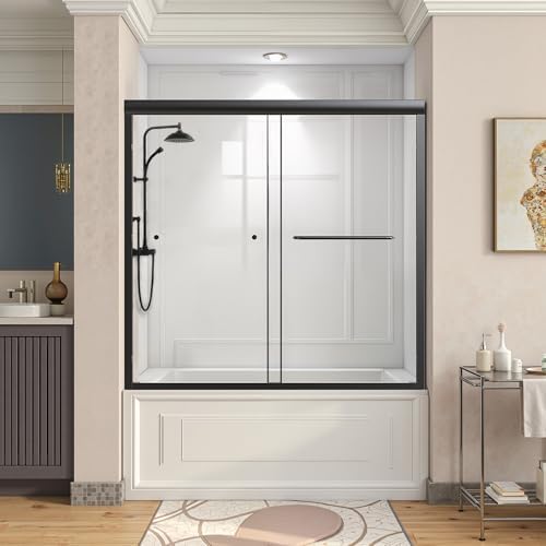 Osparple Shower Door 56-60in. W x 58in. H Semi-Frameless Double Sliding Glass Tub Shower Doors Bath Shower Door with 1\/4" Clear SGCC Glass, Towel Rail and Auxiliary Handle for Bathroom, Classic B