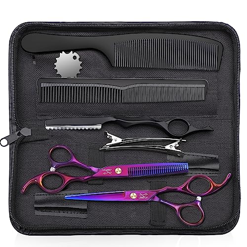 JASON Hair Scissors Professional - 10 PCS Haircut Scissors Set, Thinning Shears for Hair Cutting with 30 Teeth, Straight Shears for Men Women Home Salon Barber (6.7", Purple)