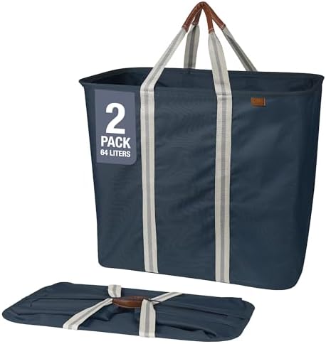 CleverMade Collapsible Laundry Basket Hamper - Navy Noir Cream 2-Pack 64L - Space Saving Storage Organizer with Handles Foldable Home Organization