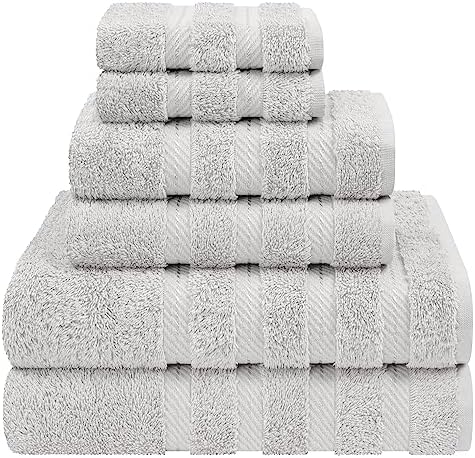 American Soft Linen Luxury 6 Piece Towel Set, 2 Bath Towels 2 Hand Towel 2 Washcloths, 600 GSM 100% Cotton Turkish Towels for Bathroom, Silver Grey Towel Sets