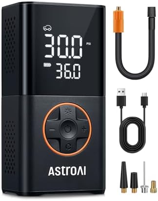 AstroAI L7 Tire Inflator Portable Air Compressor Cordless Mini Bike Pump with Digital Dual Values Display, 150 PSI Car Tires Air Pump with LED Lights&amp;Pressure Gauge for Auto, Motorcycles, Bikes, B