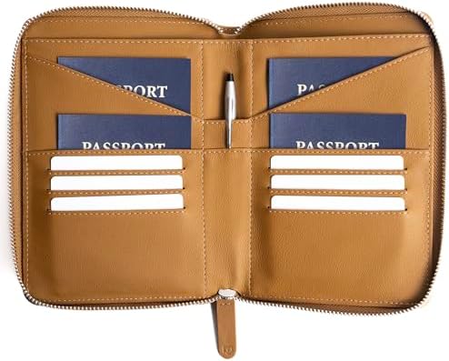Full Grain Leather Family Passport Holder for 2-4 Passports - RFID Passport Holder and Travel Document Organizer - Large Leather Travel Wallet for Couples and Families - Camel